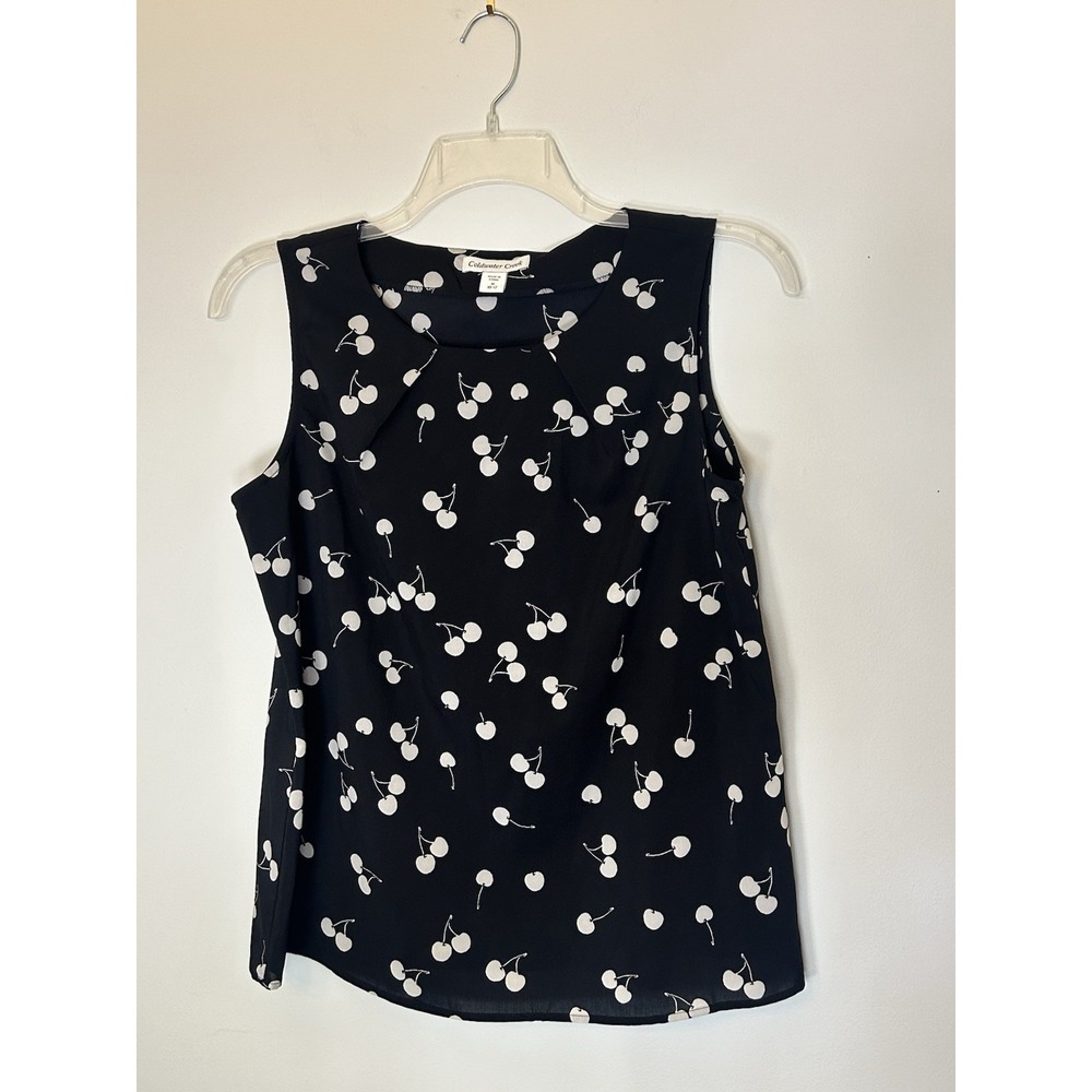 Coldwater Creek Blouse Size M 10/12 Black Ivory Cherries Sleeveless Pleated Neck